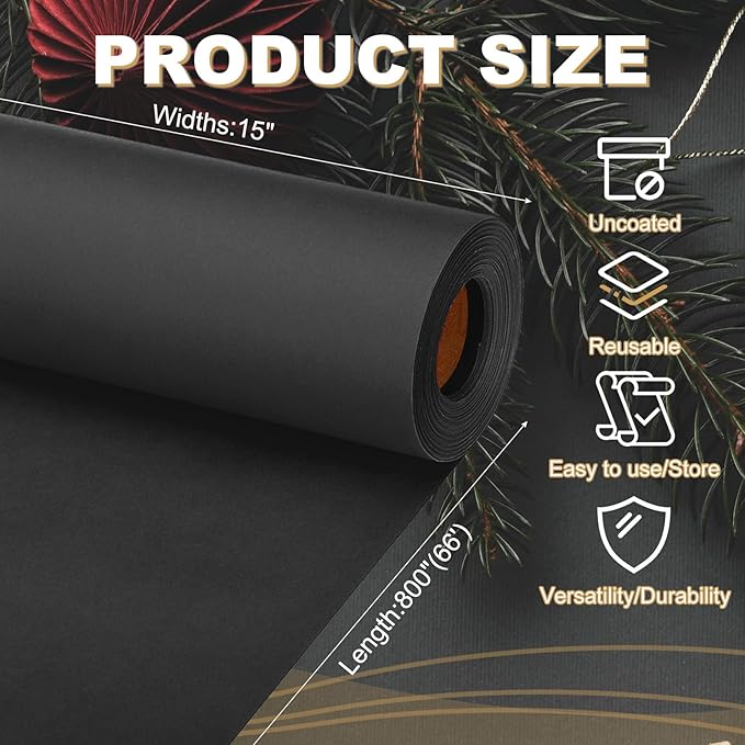 PATIKIL Wrapping Paper, 15"x800"(66') Bulletin Board Paper Roll Kraft Paper Roll Construction 80GSM for Shipping Packing Gift Wrapping Craft Flower Bouquet Christmas, Black