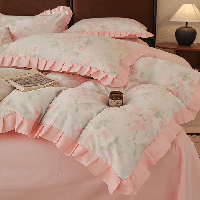 LifeTB Girls Duvet Cover Pink Ruffle Duvet Cover Twin Vintage Flower Bedding Set 100% Cotton Romantic Lace Comforter Cover Princess Bedding Botanical Flower Comforter Cover Aesthetic Lace Bedding Set