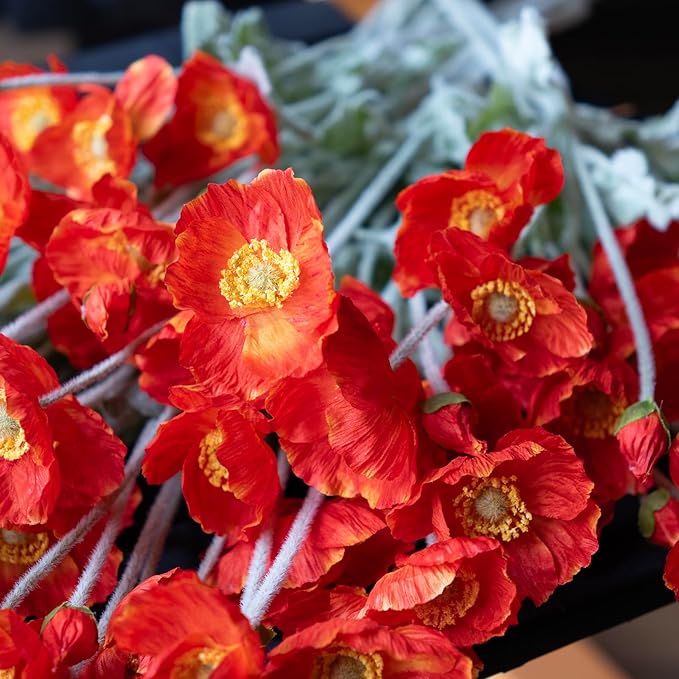 Artificial Flowers 6 Stems Poppy Silk Bouquet,for Wedding, Home, Party Decoration,Table Centerpiece Arrangement(Dark Orange)