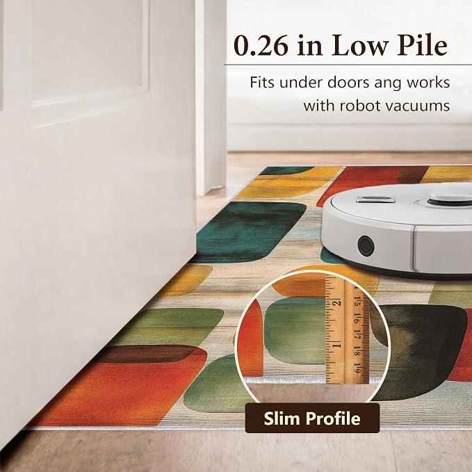 Mid Century Geometric Area Rug 5x7 ft, Retro Color Block Abstract Statement Rug, Low Pile Non-Slip Washable Indoor Rug for Living Room Bedroom