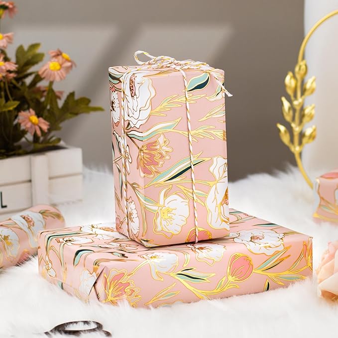 Merture Floral Wrapping Paper Roll - 17 In X 32.8 Ft - 1 Roll (46.5 sqft.ttl.) Pink Wedding Wrapping Paper Gift Wrap paper for Wedding, Bridal Shower，Valentines Day, Mothers Day, Birthday, Christmas