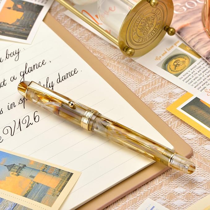 Asvine V126 Vacuum Filling Fountain Pen, Brown Swirl Acrylic Stub Nib 1.1mm Calligraphy Art Drawing with Case Set