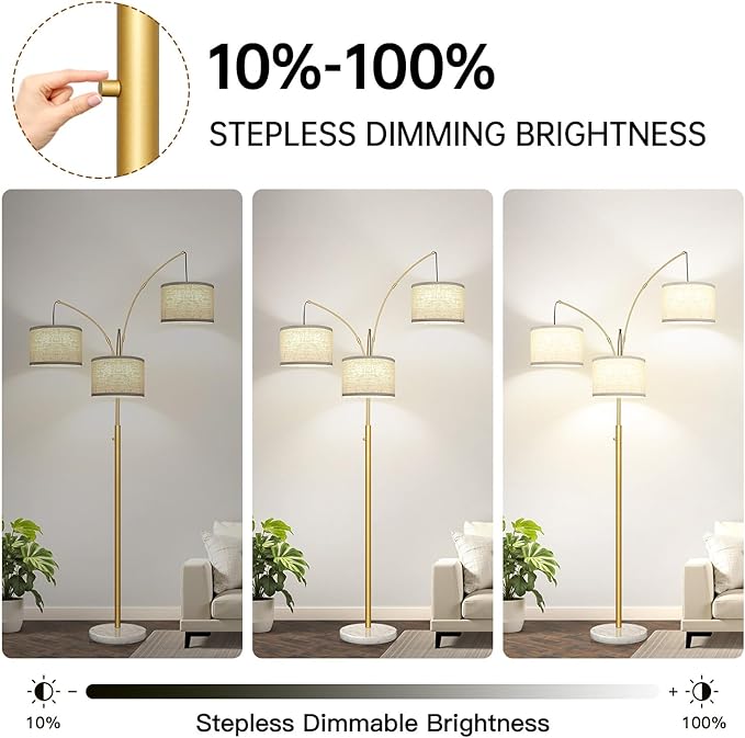 Dimmable 3 Lights Arc Floor Lamp, Modern Tall Standing Tree Lamp with Gold Pole, White Linen Shades & Solid Marble Base, 3000LM Warm White LED Bulbs, Elegant Lighting for Living Room, Bedroom & Office
