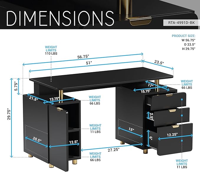 Elegant 56.75" W Executive Desk with 3 Drawers and Storage Cabinet, Modern Office Desk with Gold Accents, Floating Work Surface, Closed Storage with Ventilation & Adjustable Shelf (Black,Gold)