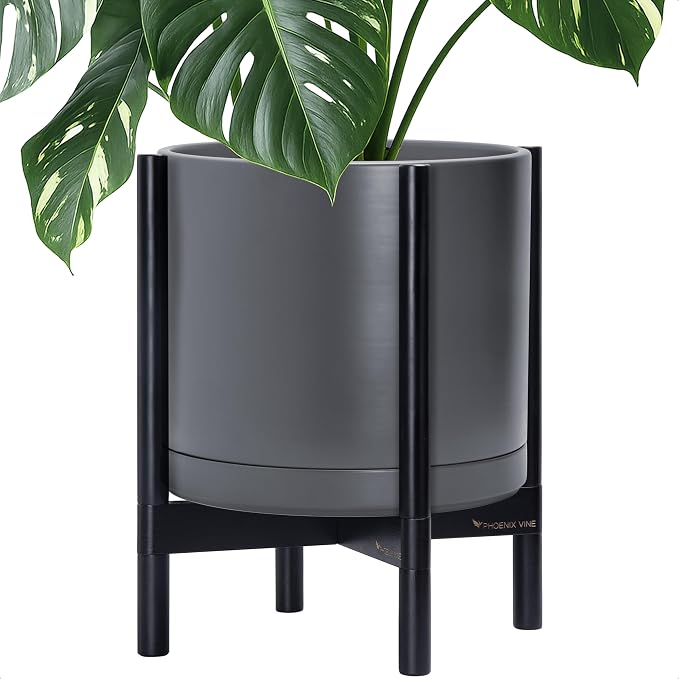 D'vine Dev Ceramic Planter with Ebony Stand - 14 Inch Modern Round Flower Pot with Wood Planter Holder, Grey, 55-B-S-3