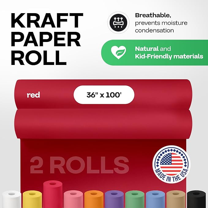 36" x 1200" (100 ft) Christmas Red Kraft Paper Roll, Pack of 2 - USA-Made Quality Craft Paper for Gift Wrapping, Kids' Arts & Crafts, School Projects - Natural Material 50lb Thickness by IDL Packaging