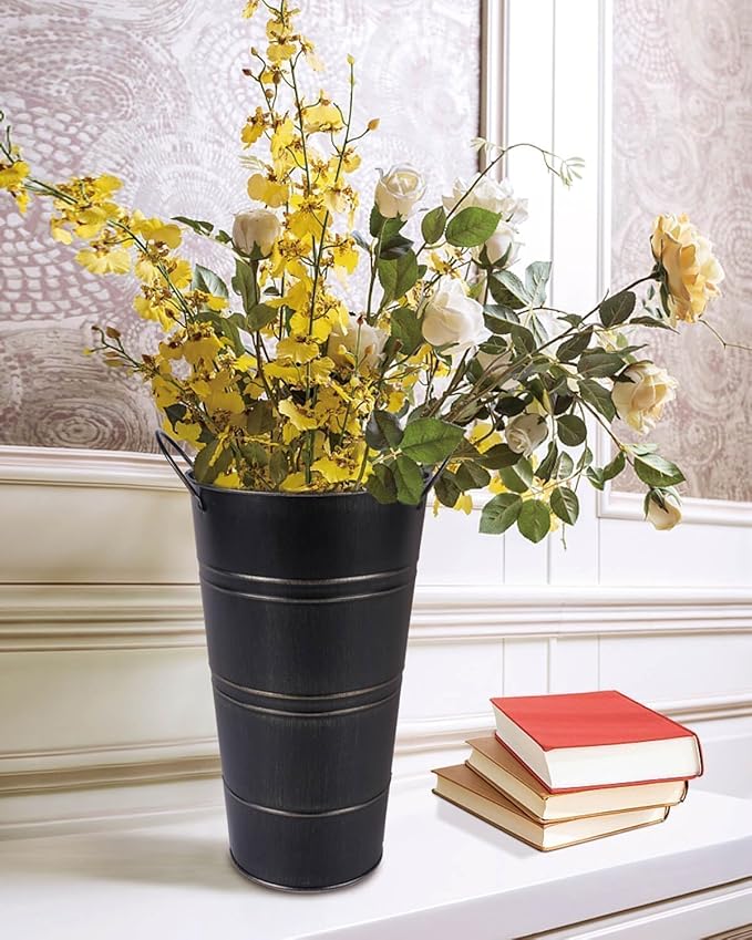 12 Inch Galvanized Metal Vases for Flowers - 2 Pcs Farmhouse Decorative Tall Flower Bucket with Handles, Rustic French Tin Planter Buckets for Wedding Decor (Black)