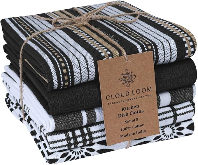 Assorted Kitchen Towels - Black Kitchen Towels, Set of 5, 16x26 in - Absorbent 100% Cotton Dish Towels with Hanging Loop - Waffle Weave Tea Towels for Drying Dishes, Glassware & Counters