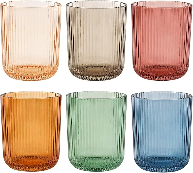 Colored Ribbed Drinking Glasses Set of 6 - 8.5oz,Multicolor Vintage Glassware,Highball Glasses for Juice, Coffee, Cocktails,Colorful Tumbler Glasses Cup Set for Party,Housewarming,Mother's Day