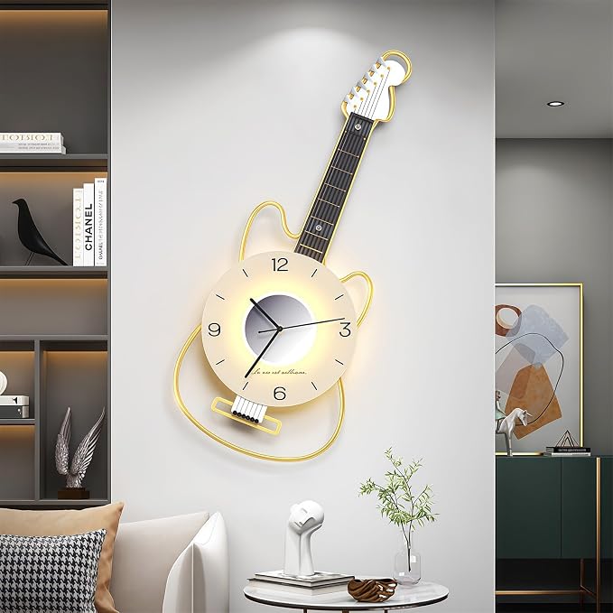Modern Wall Clock for Living Room, Guitar Wall Clock with Adjustable Light, Great Decor for Music Room, Bedroom