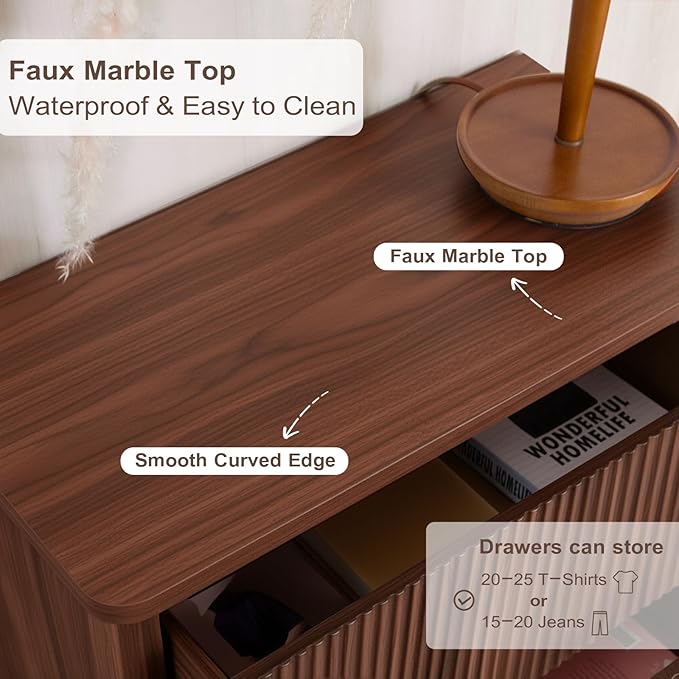 Fluted 6 Drawers Dresser for Bedroom,52" Wide Handleless Chest of Drawers with Faux Marble Top, Wooden Dresser TV Stand, Wood Drawer Organizer for Living Room, Hallway, Walnut