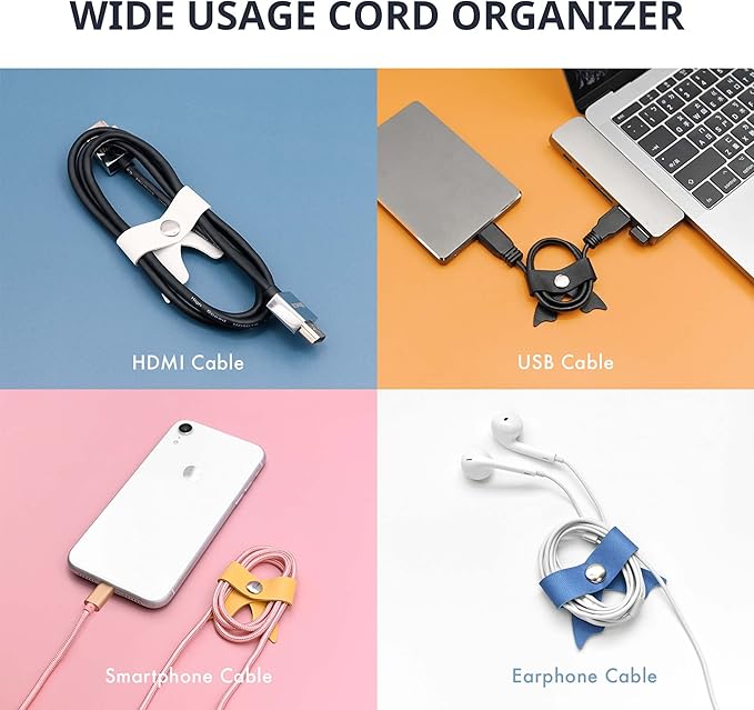 SenseAGE 5 Pack Cord Organizer, Bow Cord Keeper, Cable Organizer USB Holder, Leather Cable Management, Cable Straps, Earphone Winder, Storage Straps for Electronics, Earbuds, Small, Black