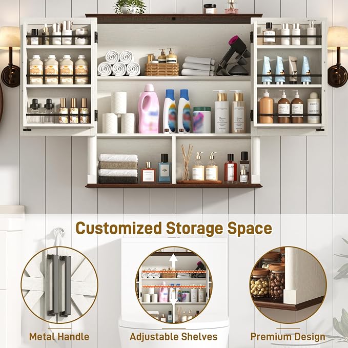 Farmhouse Bathroom Storage Cabinet,Double Wooden Bathroom Wall Cabinet with Roman Column Decor, Farmhouse Medicine Cabinets w Barn Doors,Storage Cabinets Wall Mounted for Kitchen(Rustic White)
