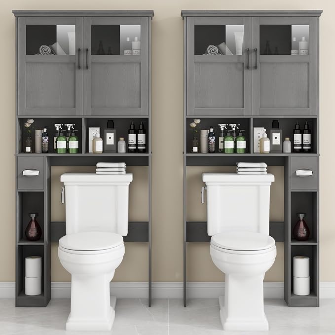 Over The Toilet Storage Cabinet With Double Doors & Paper Holder Stand, Freestanding Shelf Space Saver, Anti-Tip Design & Adjustable Shelf, Natural Grey