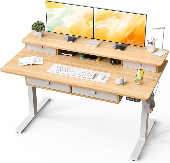 Kingant Standing Desk with Fast Charging USB Ports, 55" x 30" Height Adjustable Home Office & Gaming Desk, Sit Stand Desk with Built-in Storage Shelf, Hook & Ergonomic Design(Maple)