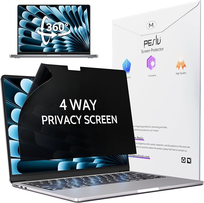 Peslv 360° 4 Way Privacy Screen for MacBook Pro 16 Inch (2021-2025, M1, M2, M3, M4), Anti Glare Blue Light Spy Filter Private Cover, Bubble-Free Black Security Protector for Mac Laptop