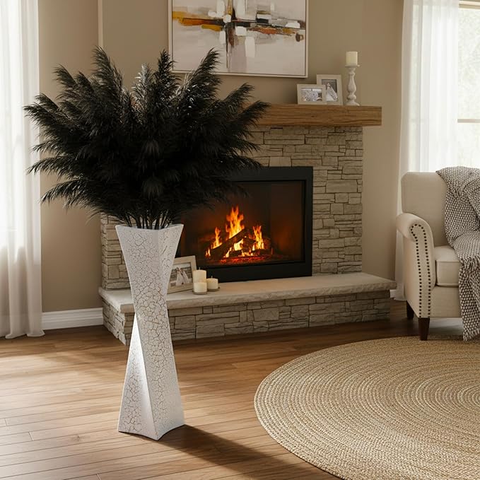 27.5 Inch (Ice Crack White) Tall Floor Vase for Home Decor - Modern Freestanding Vase with Textured Finish, Handmade Design for Pampas Grass, Artificial Flowers, Farmhouse Living Room Corner Décor