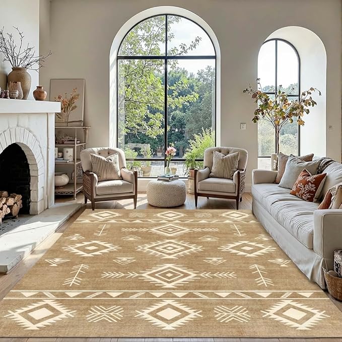 5x7 Area Rug Southwestern Tribal Geometric Rug with Non Slip Backing, Washable Low Pile Light Beige Sand Brown Carpet for Bedroom, Living Room, Dining Room, Home Office
