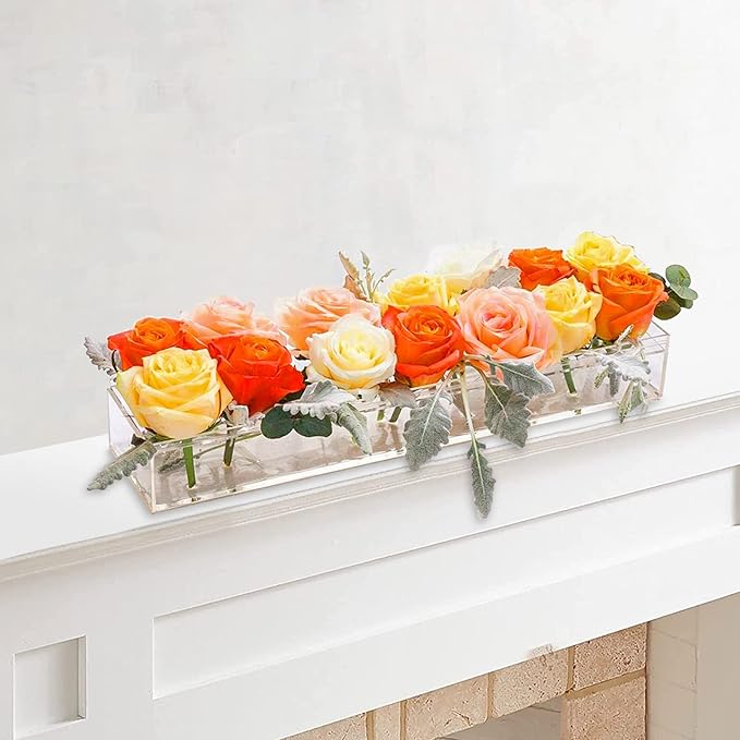 4Pcs Acrylic Flower Vase with 12Holes Clear Acrylic Modern Vases Rectangular Floral Centerpiece for Dining Table Low Decoration Vase for Christmas Party Decorations (Clear（4pcs Total 48‘’ 120cm）)