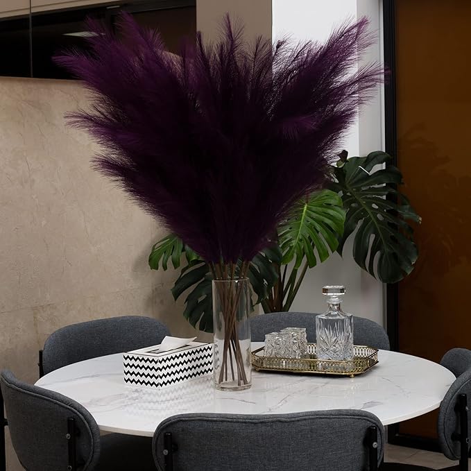 Pampas Grass Decor Tall, 43"/110cm Faux Pampas Grass 6 Stems Large Pompass Grass Branches Tall Bulk Boho Flower Arrangement for Home Room Wedding Party Decor(Purple)