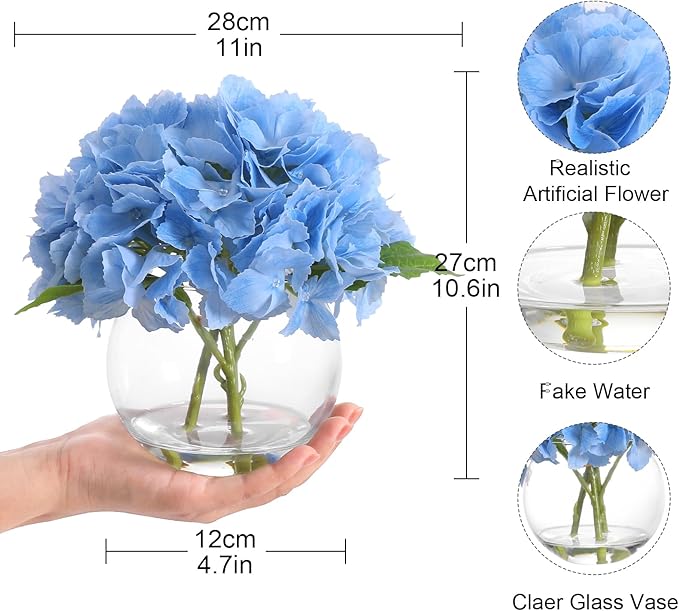 Blue Hydrangea Artificial Flower with Vase Fake Flower in Glass Vase with Faux Water for Home Bathroom Office Table Centerpiece Shelf Decorations Flowers
