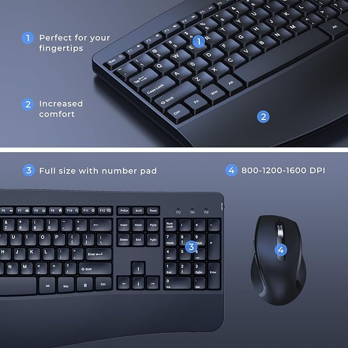 Ergonomic Keyboard and Mouse Combo, Full Size Cordless Computer Keyboard with Palm Wrist Rest Ergonomic Mouse for Windows Computers Laptops - Black