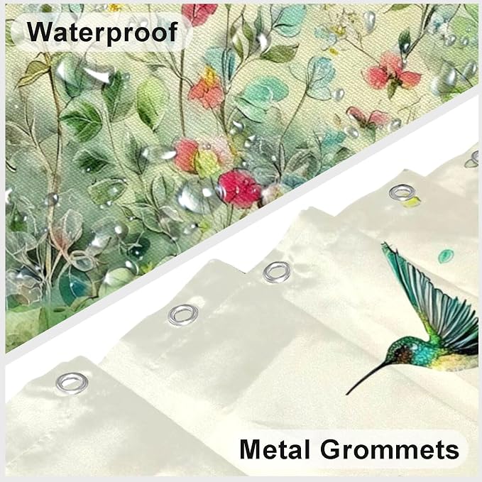 Green Leaf Flowers Shower Curtain Hummingbird Shower Curtains for Bathroom Waterproof Fabric Bath Curtain Decor with Hooks