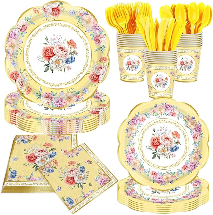 140Pcs Tea Party Decorations Tableware Set Floral Plates and Napkins for Birthday Party, Baby Showers, Bridal Showers, Wedding Bachelorette Party Supplies Floral Tea Party Plates, Serves 20 (Yellow)