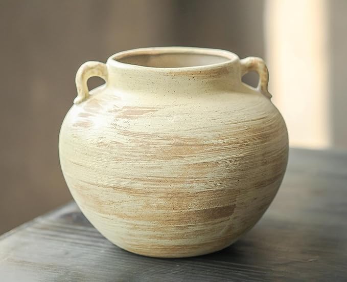 Handmade Beige White Two-Ear Ceramic Vase, Textured Pottery Vase with Two Ears for Centerpieces, Kitchen, Living Room, Bedroom Decor Gifts (Beige White, Short)