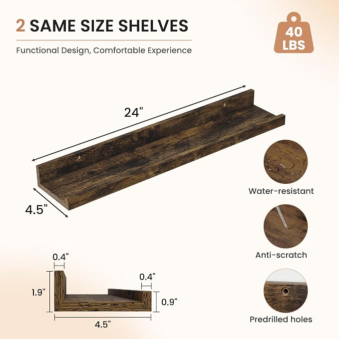 Dreamland Picture Ledge Shelf for Wall, Floating Shelves Set of 2,24 inch Long Floating Shelves with Lip for Living Room,Bedroom,Bathroom,Kitchen,Rustic Brown