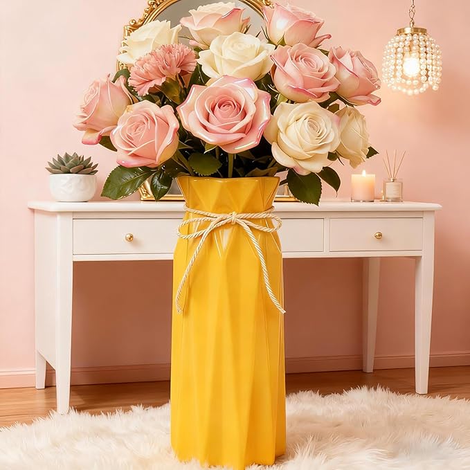 Ceramic Vase for Home Decor Yellow Modern Flower Vase for Pampas Grass Dried Flowers 9.5" H x 3.9" W Vases for Living Room Decorations Porcelain Tulip Vases for Table Kitchen Decor
