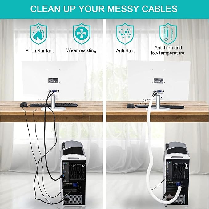 6.6ft - 1/2 inch Gold Cable Sleeve, Cable Organizer for Desk PC TV Computer, Wire Protector Cable Wrap Cover, Cord Management for Home Office