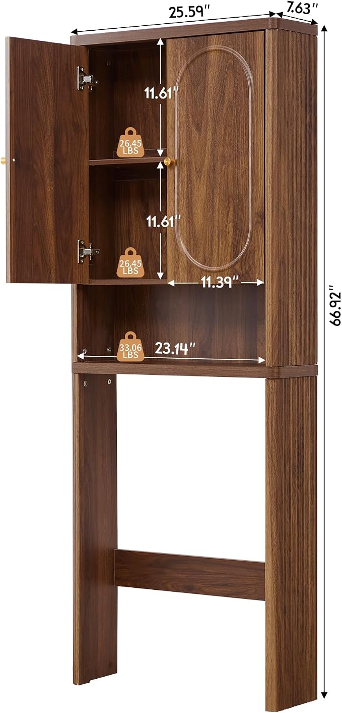 ORRD Fluted Over The Toilet Storage Cabinet, Bathroom Toilet Storage Cabinet with Door, Wood Curved Over The Toilet Space Saver Cabinets for Restroom Bathroom, Walnut