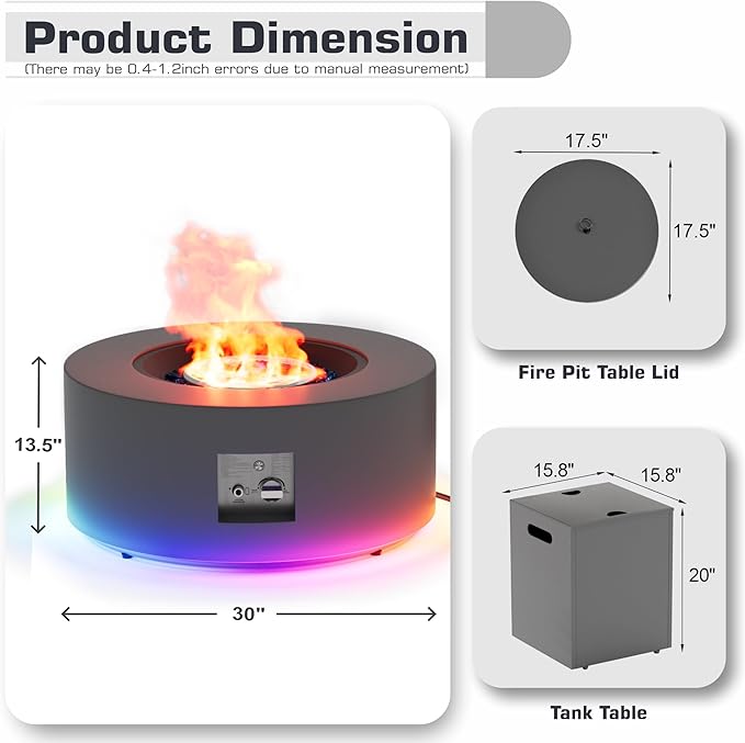 2-Piece 30" LED Round Propane Fire Pit for Outside Patio with Hidden Tank Table, 50,000 BTU Fireplaces with Lid, Glass Rocks, Cover(Dark Grey w/RGB Light)
