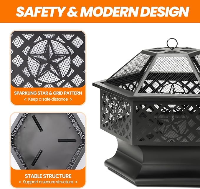 Panovue 28 Inch Hex-Shaped Fire Pit,Wood Burning Fire Pits for Outside with Spark Screen&Poker,Metal Hexagon Outdoor Firepit for Backyard,Bonfire,Patio,Party,Garden,Picnic and Camping(28'' Black)