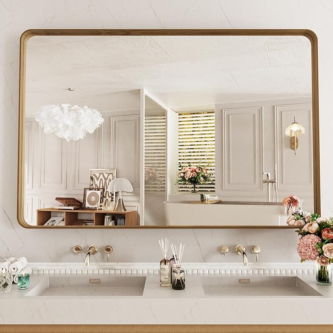 LOAAO 55X36 Inch Bathroom Mirror with Wood Grain Colored Metal Frame, Rounded Rectangle Metal Framed Bathroom Mirror, Anti-Rust, Hangs Horizontally or Vertically, Tempered Glass