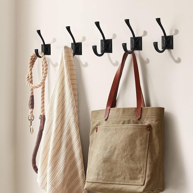 Large Wall Hooks 5 Pack Matte Black Coat Hooks Hardware Towel Hooks for Hanging Coats 4.35 Inch Double Robe Hooks Wall Mounted with Screws for Key, Towel, Bags, Cup, Hat