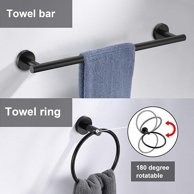 5 Pieces Matte Black Bathroom Hardware Accessories Set, SUS304 Stainless Steel 24 Inch Bath Towel Bar Set, Round Bathroom Towel Holder Set, Towel Racks for Bathroom Wall Mounted