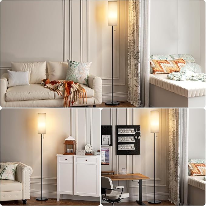 Ambimall Floor Lamp for Living Room with 3 Color Temperatures Bulb, 64" Standing lamp with Linen lampshade for Bedroom, Minimalist Pole Lamp, Grey Shade & Black Pole