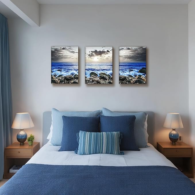 SERIMINO Beach Wall Art Set, Blue Coastal Landscape Wall Decor, Modern Ocean Paintings Art Prints Home Office Decoration, Seaside Canvas Pictures for Living Room Bedroom Bathroom 3 Pieces 16"X24"