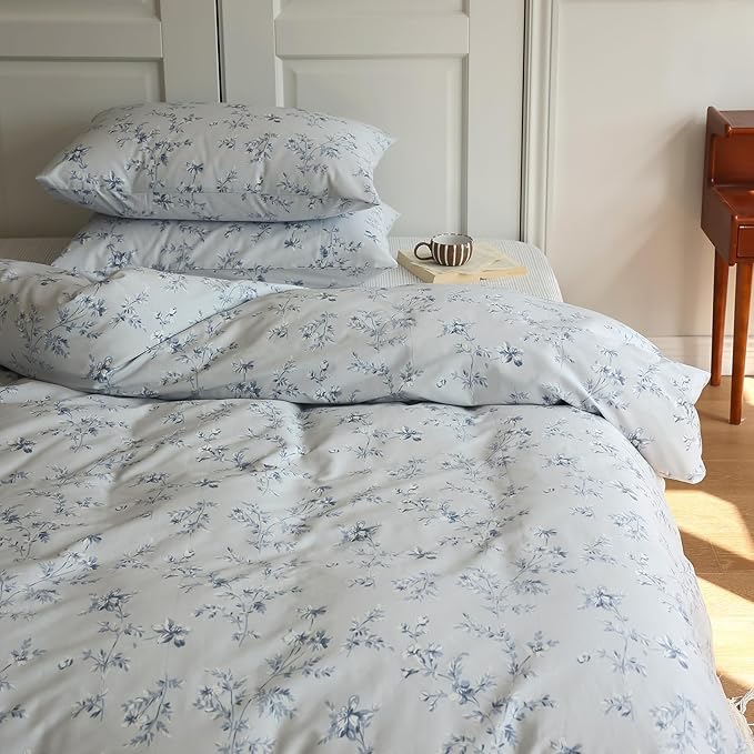 LifeTB Vintage Blue Floral Duvet Cover Queen 100% Cotton Retro Flower Bedding Comforter Cover Boho Garden Floral Bedding Set Farmhouse Cottagecore Duvet Cover with Zipper Closure 4 Ties