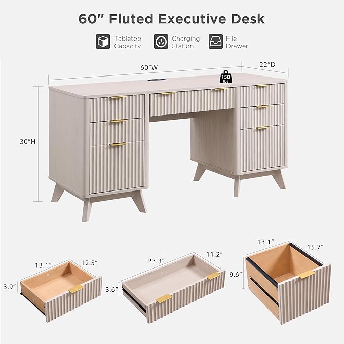T4TREAM Modern Fluted Executive Desk with Drawers, 60" Home Office Computer Desk with Charging Station & Keyboard Tray, Alder White