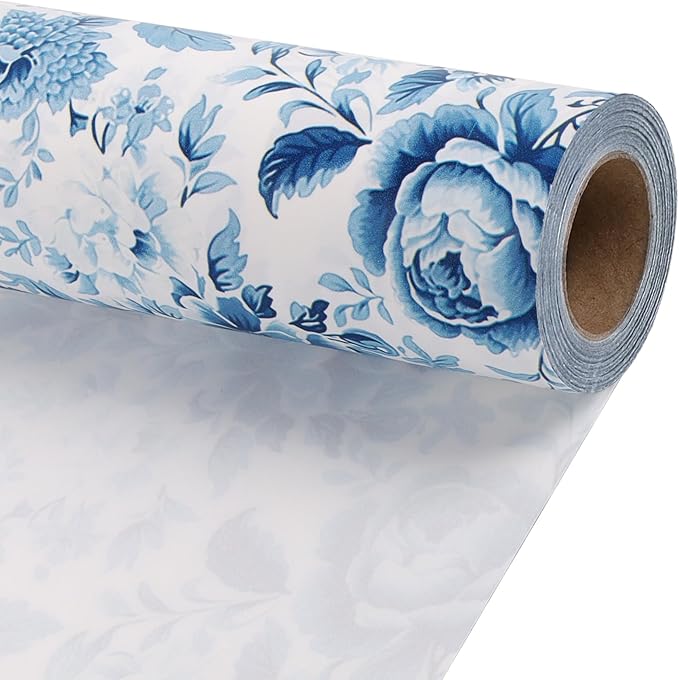 BIOBROWN Floral Wrapping Paper Jumbo Roll - 17 Inch X 33 Feet (82.5 sq. ft. ttl.) Blue White Peony Design Chinoiserie Gift Wrap Stone Paper for Christmas, Wedding, Bridal Shower, Mother's Day