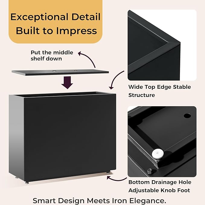 Tall & Long Metal Planter with Middle Shelf - 30W x 11D x 24H Black Rectangular Outdoor Planter Box, Span Divider for Garden, Patio, Yard | Easy 5-Min Assembly, Drainage Holes, Adjustable Feet