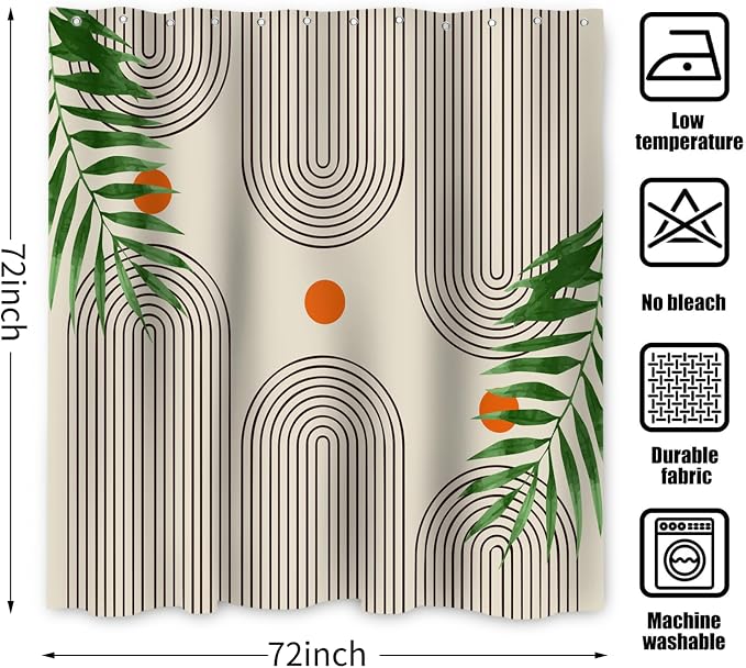 Boho Mid Century Modern Shower Curtain, Abstract Arch Leaf Minimalist Sun Beige Machine Washable Waterproof Fabric for Bathroom Decor Bathtub with Hooks 72x72