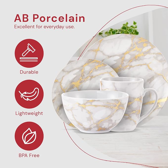 Safdie & Co 16-Piece Modern Premium Porcelain Ceramic Dinner Set, Lightweight Designed, Stackable, in Gold Marble/Gray Finish