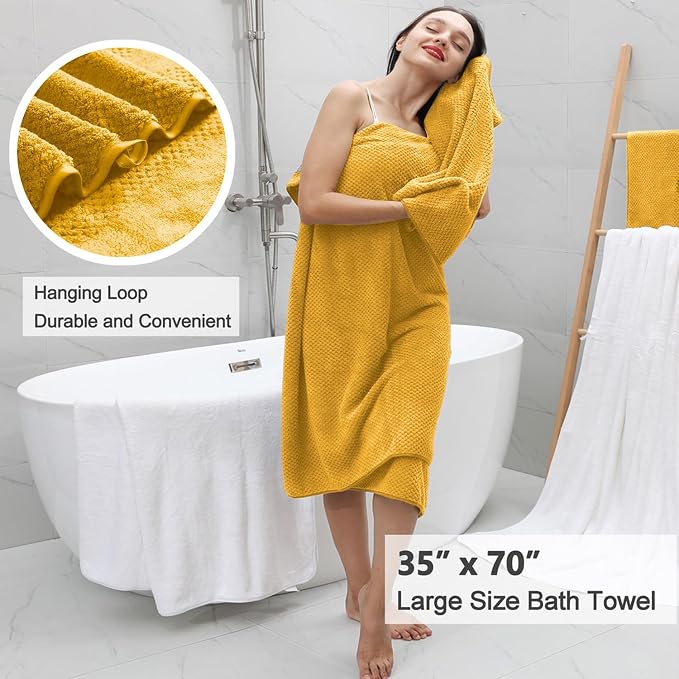 8 Piece Large Yellow Family Bath Towel Set-2 Oversized Bath Towel Sheets,2 Hand Towels,4 Washcloths-600GSM Soft Highly Absorbent Quick Dry Beach Chair Towels Woven Towels for Bathroom Hotel and Spa