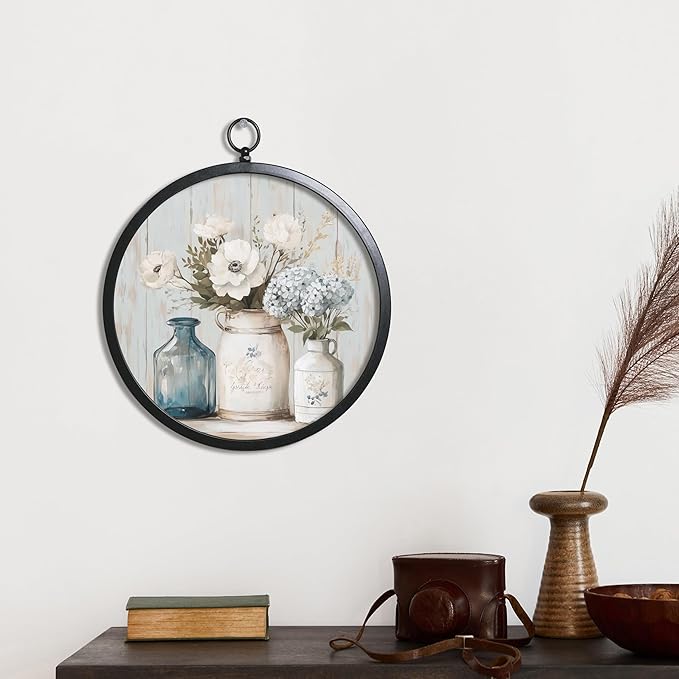 XIAOAIKA Vintage Wall Art with Metal Frame, Round Wood Print Featuring Mason Jar Flower Bouquet, Boho Wall Decor for Living Room, Bedroom, Kitchen, 10 Inch