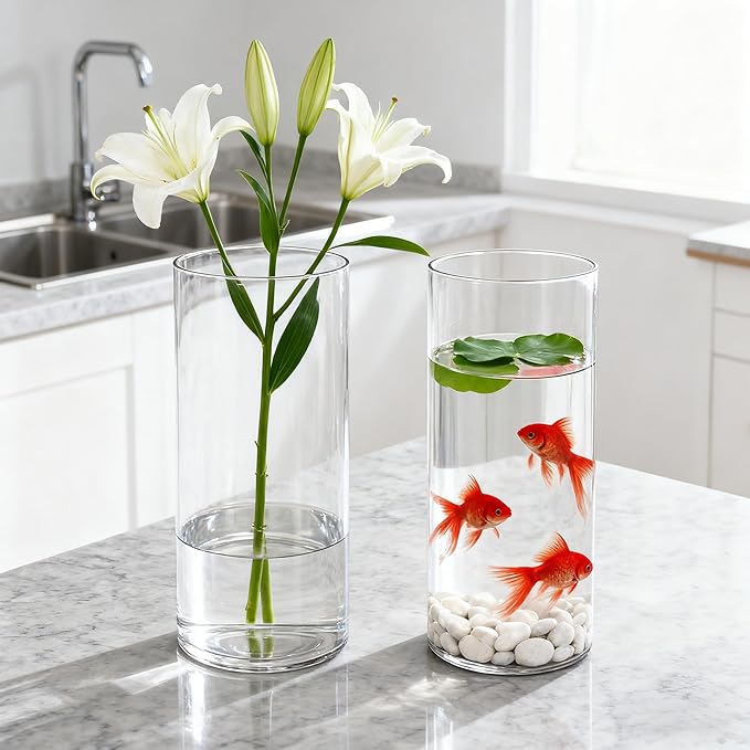 2 Pack Acrylic Cylinder Vases, Non-breakable Vase for Centerpieces, 8 inch Tall Clear Flower Vase Bulk Floating Candle Holder for Wedding Table Home Decor and Party