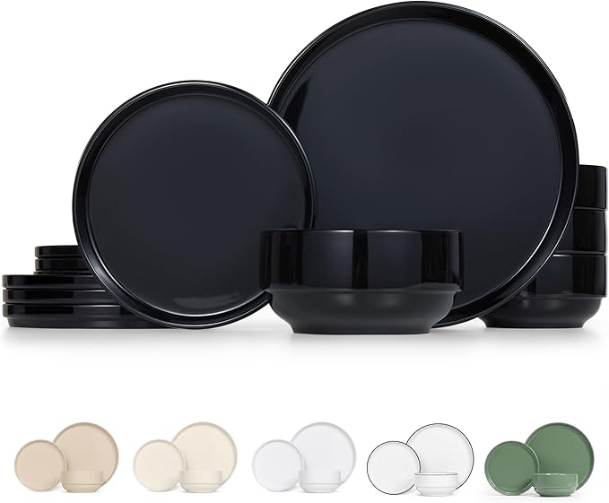 Vase and Vessel Ceramic Dinnerware Set, 12-Piece Service for 4, Soup Bowls (31.5 oz), Salad Plates (7.5"), Dinner Plates (10.5"), Round, Microwave and Dishwasher Safe, Black, Cambridge Classics